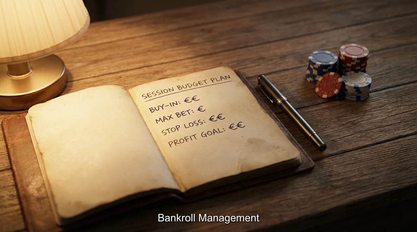 Notebook with a handwritten session budget plan next to a pen and neatly stacked casino chips