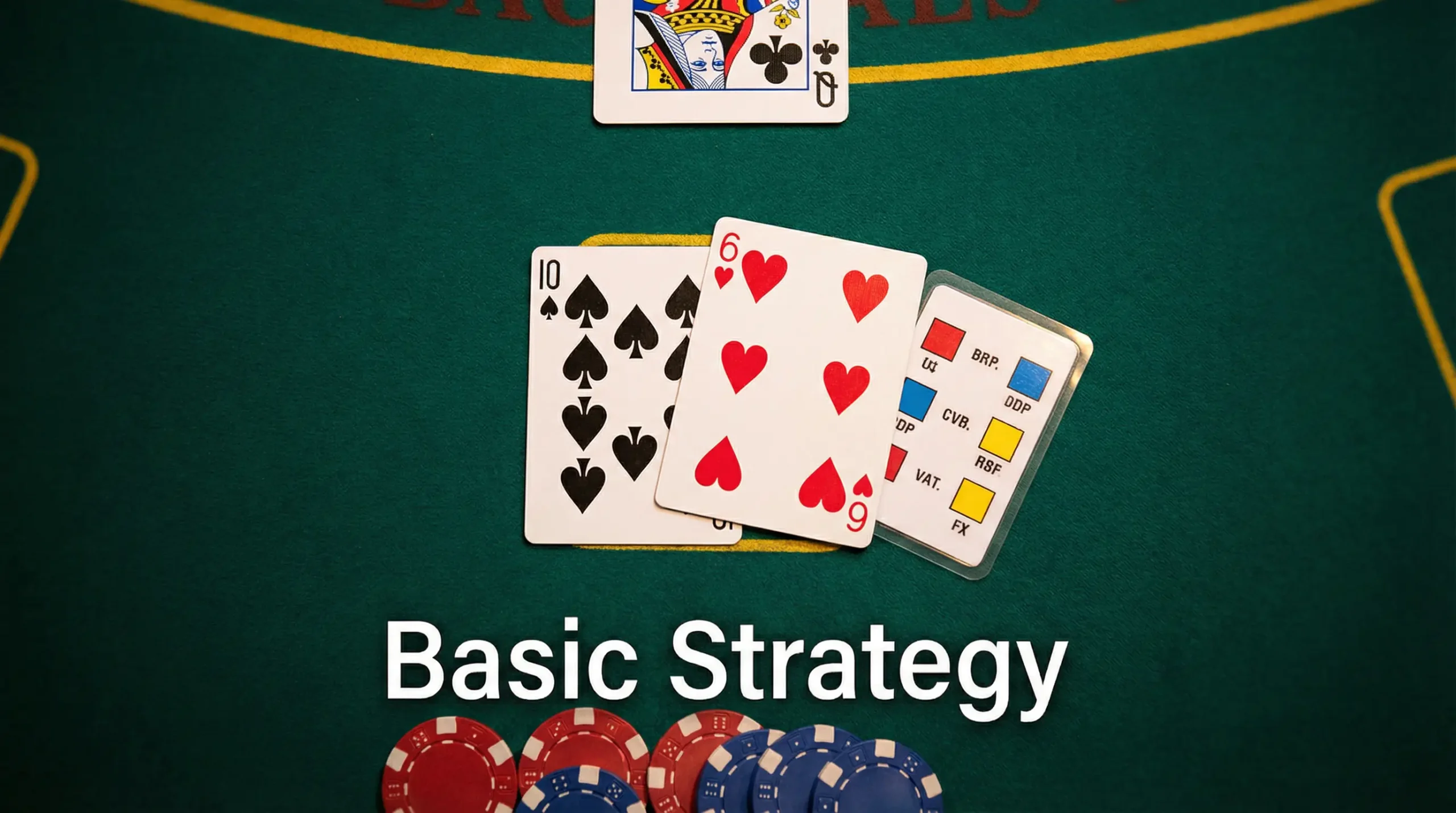Blackjack table with two player cards and a strategy decision card showing hit stand split options