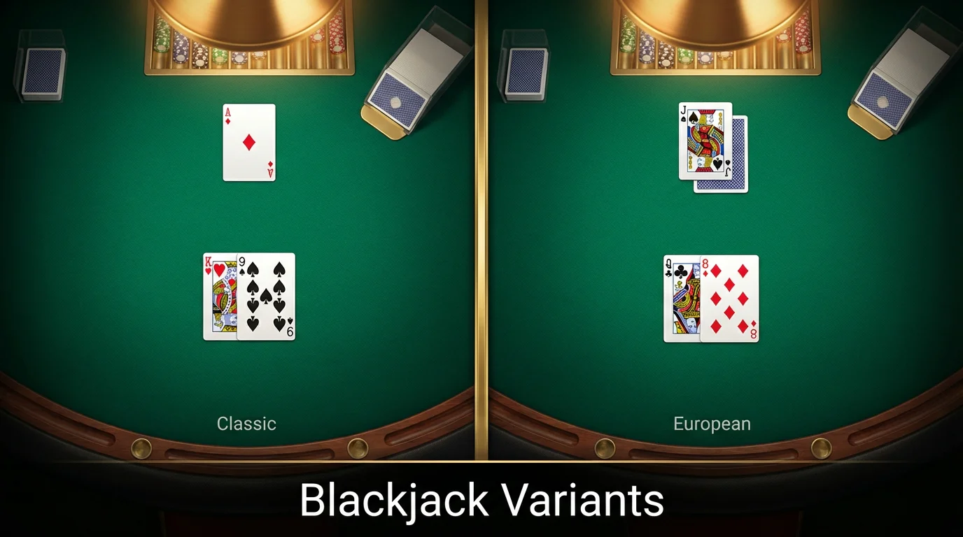Two blackjack tables side by side showing classic and European variant card layouts