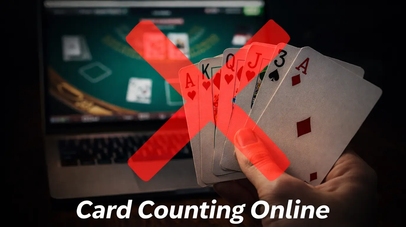 Hand holding blackjack cards with a red cross symbol over a digital screen indicating card counting does not work online