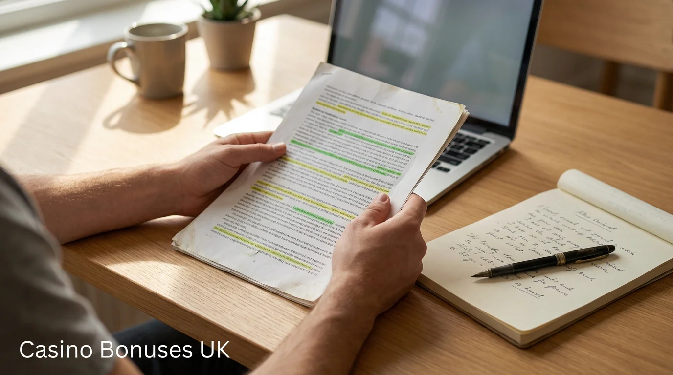 Casino bonuses UK — a person reading bonus terms on a laptop next to a notepad with handwritten notes