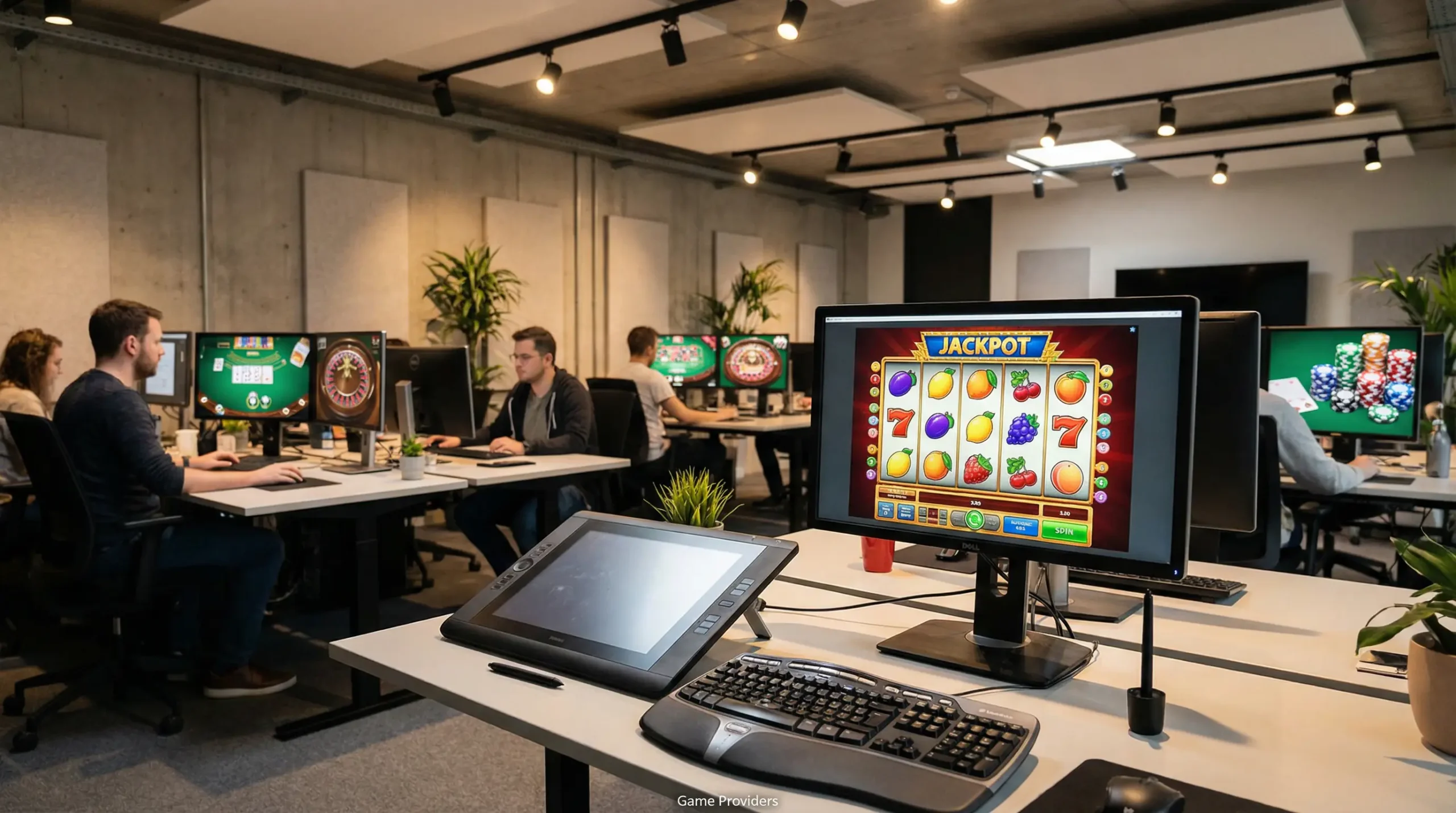 Professional game development studio with monitors showing casino game designs in progress