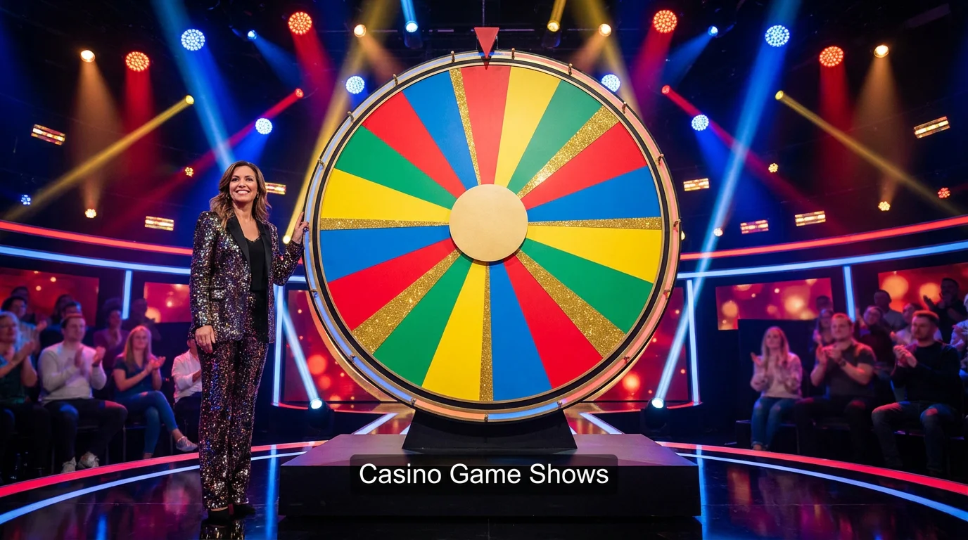 Colourful large spinning prize wheel in a live casino game show studio with a presenter