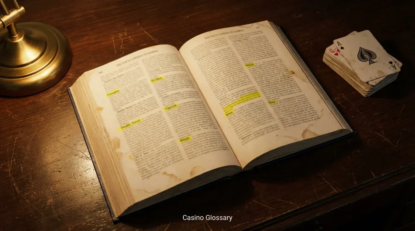 Open reference book with casino terminology highlighted next to a stack of playing cards