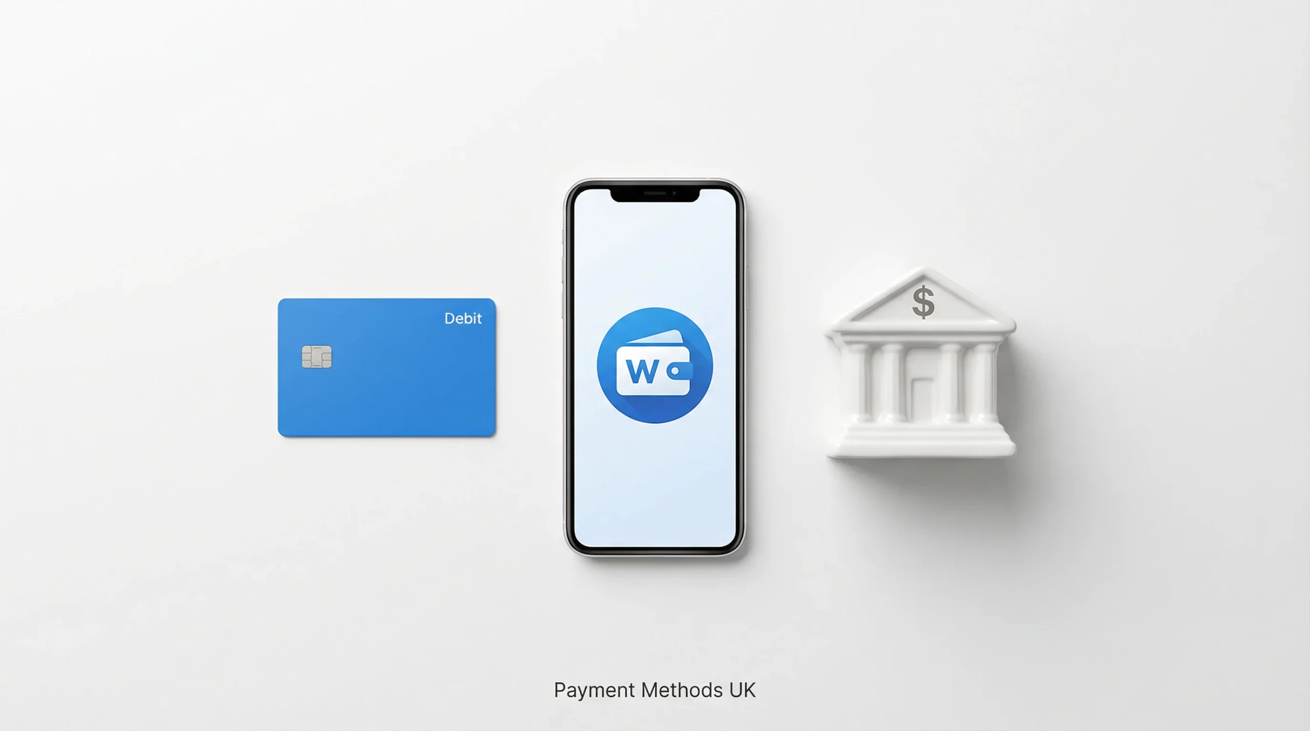 Row of payment method icons including a debit card a digital wallet and a bank transfer symbol on a clean surface