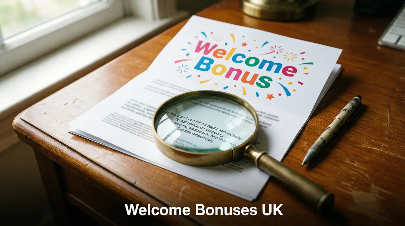 Open welcome bonus offer letter on a desk next to a magnifying glass examining the fine print