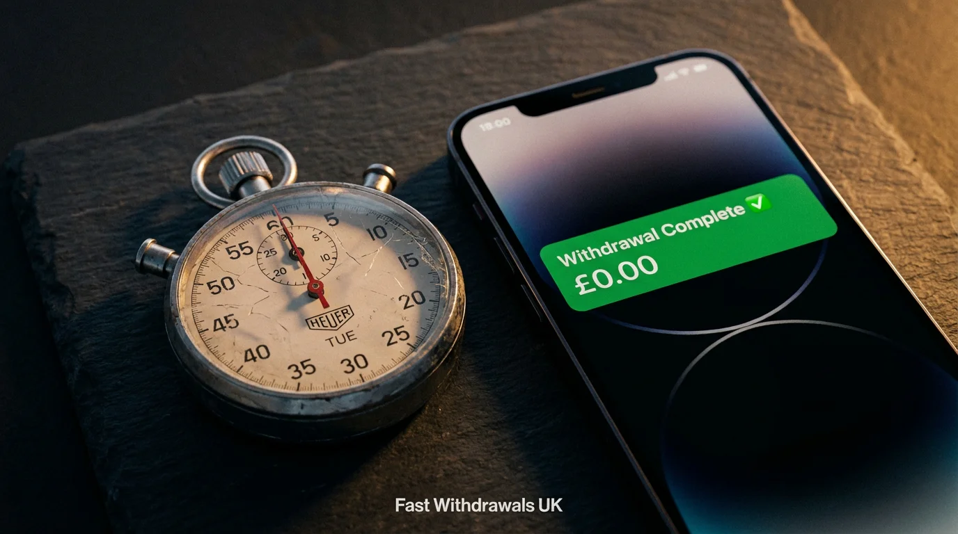 Stopwatch showing a fast time next to a smartphone displaying a completed withdrawal notification