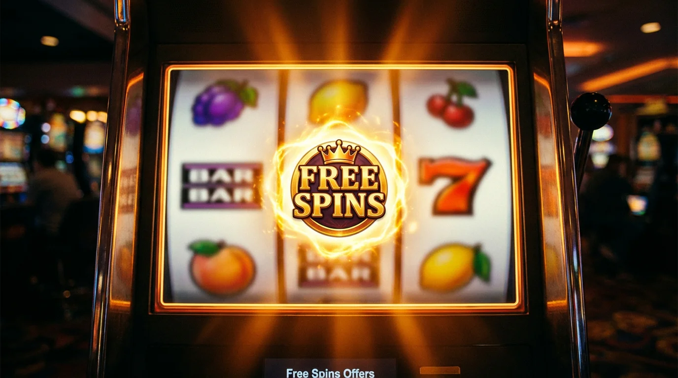 Slot machine reel frozen mid-spin with a free spins bonus symbol highlighted in the centre