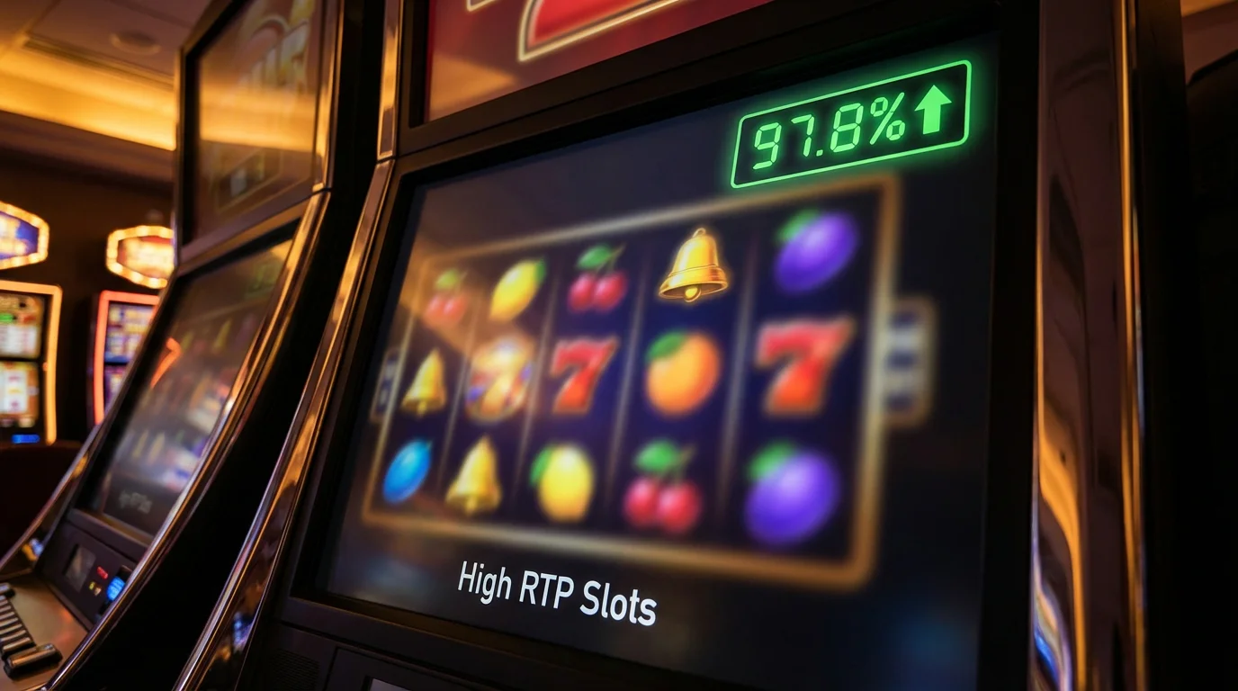Slot machine screen highlighting a 97.8 percent RTP indicator with green upward arrow