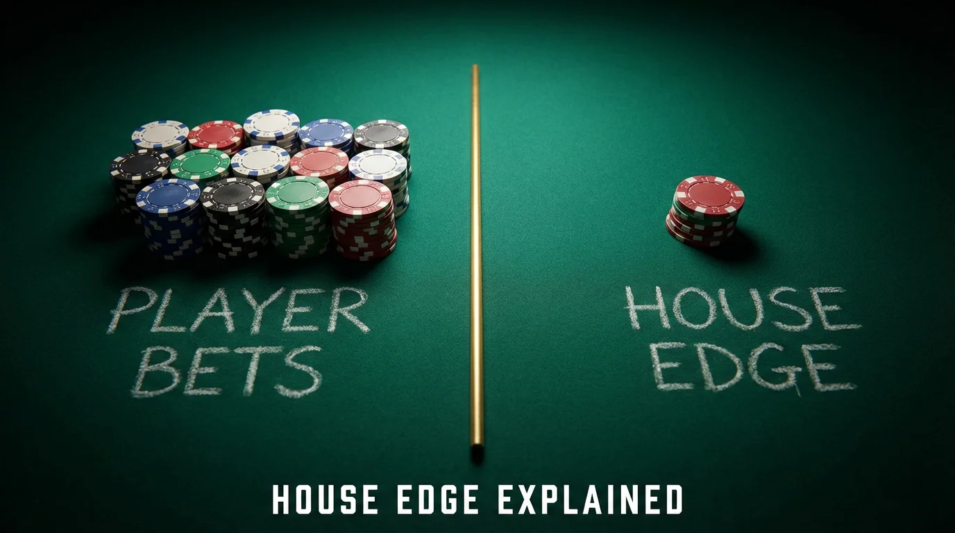 Casino chips divided into two unequal groups showing the house portion and the player portion