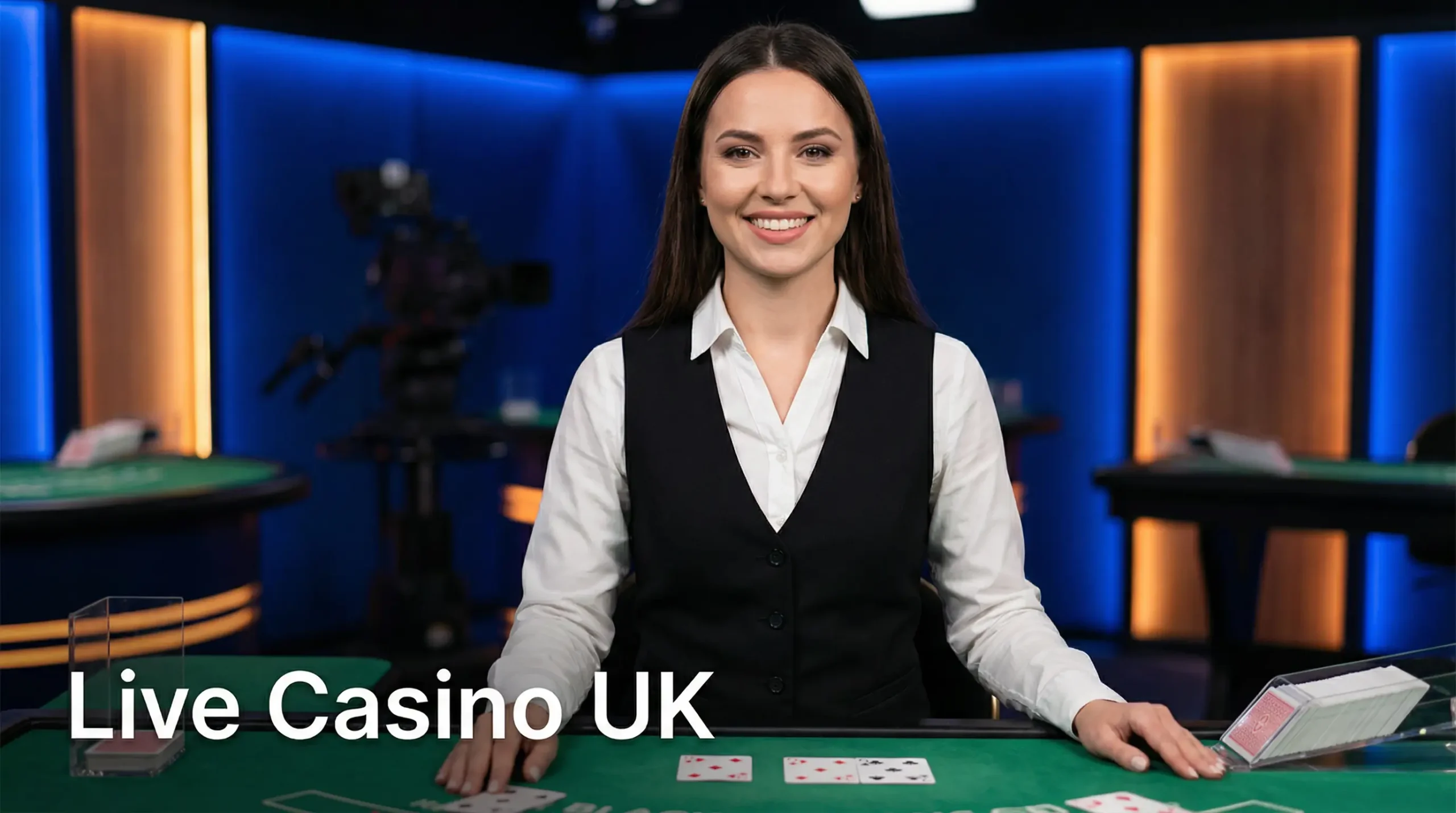Live casino games UK — a professional dealer standing behind a blackjack table in a broadcast studio
