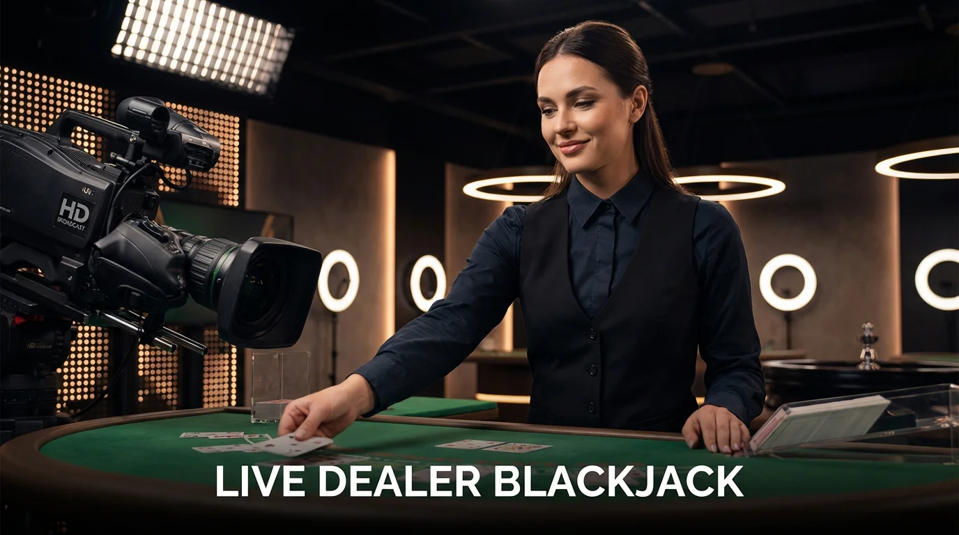 Professional live dealer at a blackjack table dealing cards directly into a camera with studio lighting