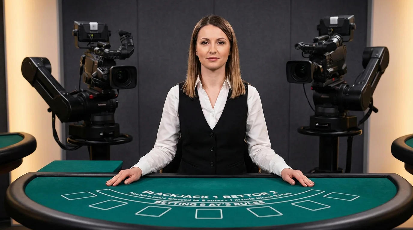 Professional live casino dealer standing behind a blackjack table in a broadcast studio