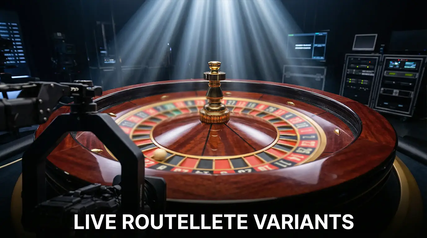Live roulette wheel spinning under studio spotlights with the ball in motion on the track