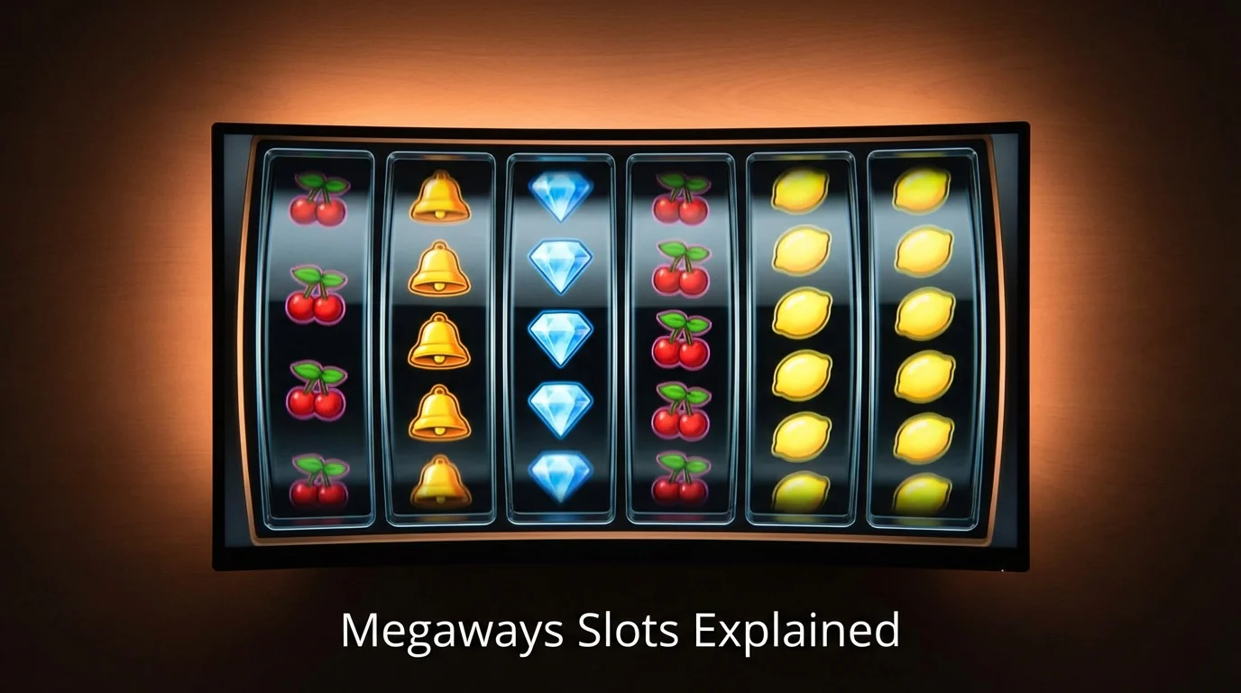 Six colourful slot reels mid-spin showing different numbers of symbols per reel on a Megaways game screen