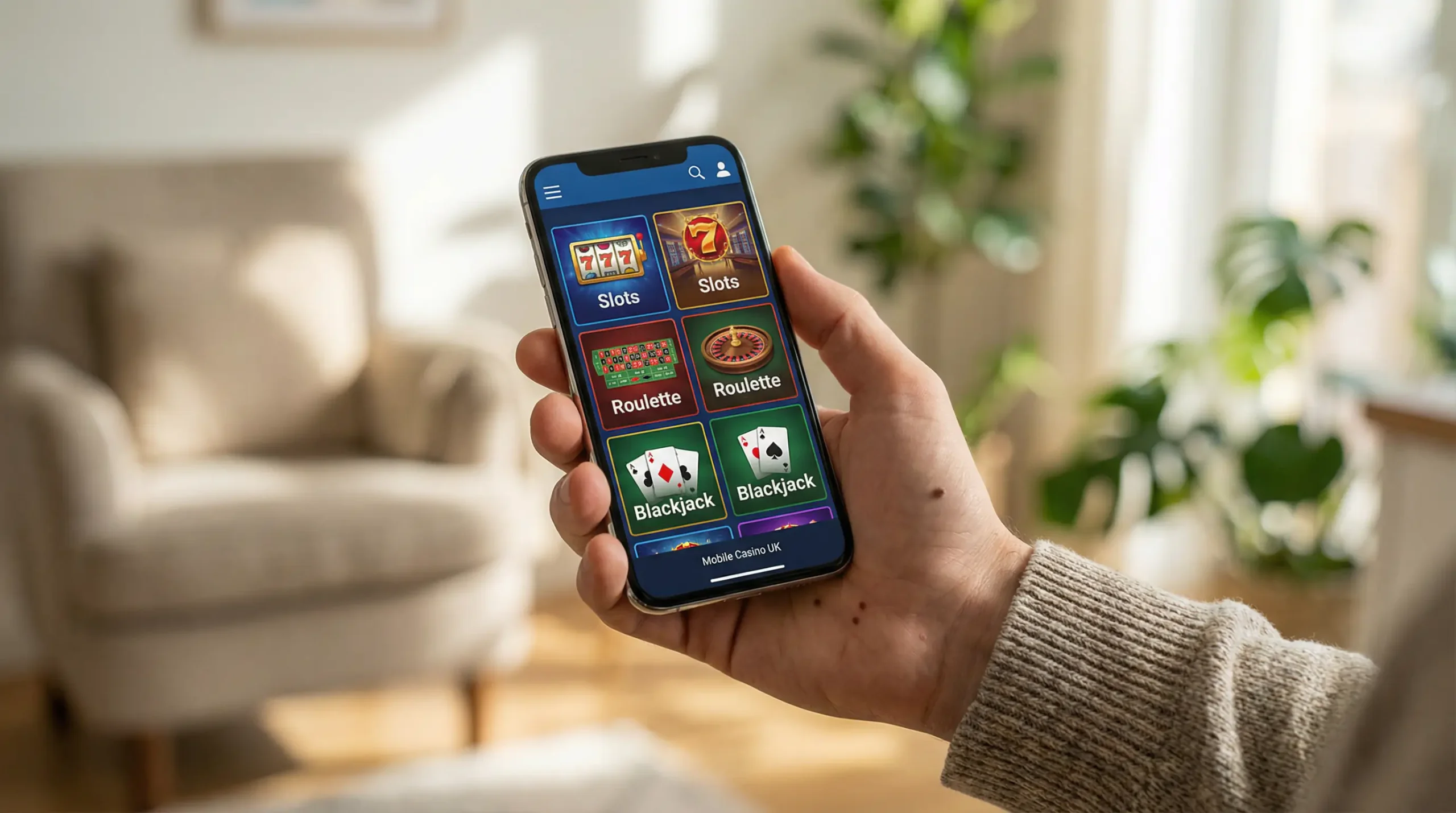 Smartphone held in one hand displaying a mobile casino game lobby with colourful game tiles