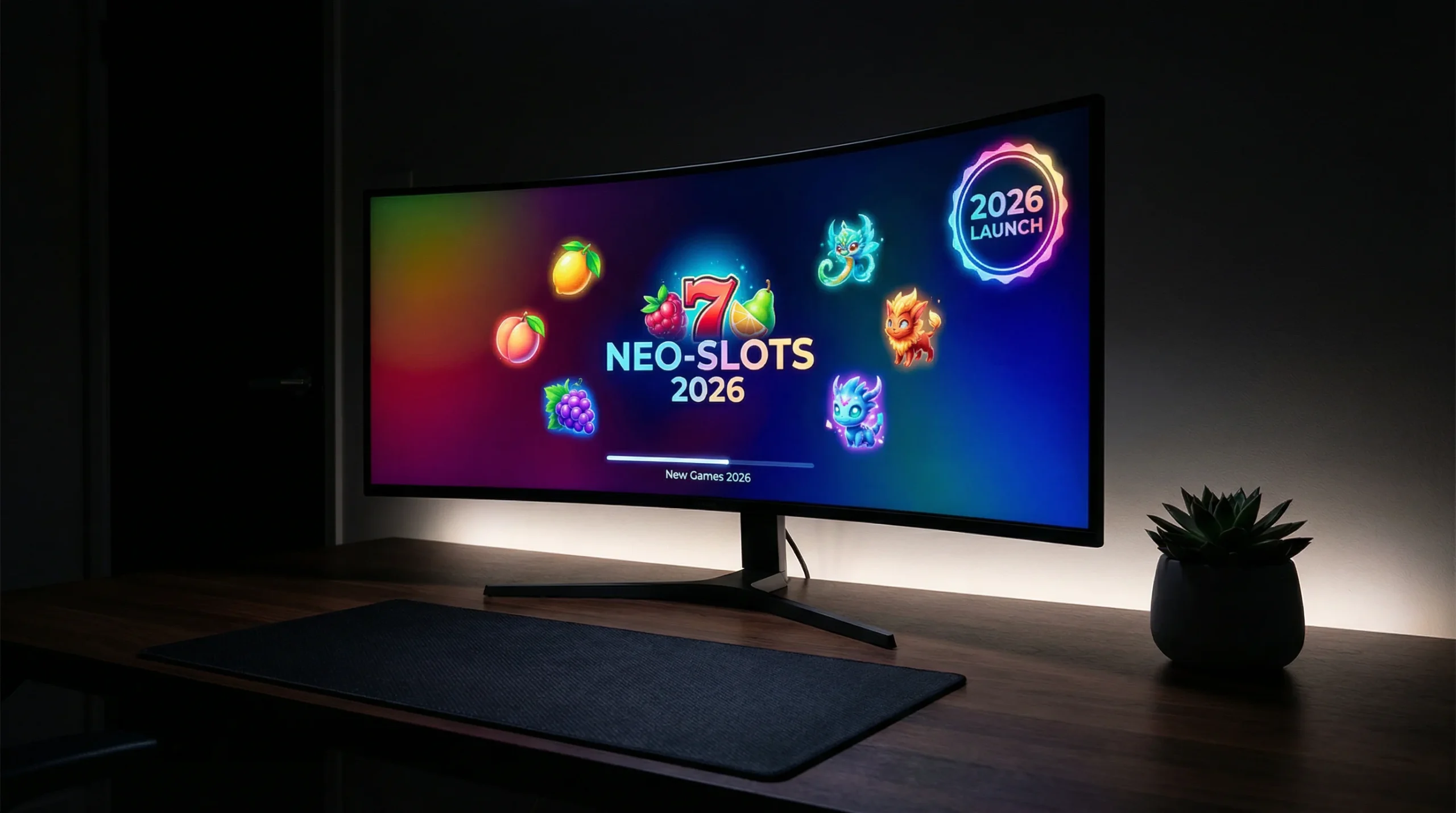Brand new slot game loading screen with a 2026 launch date badge glowing on a monitor