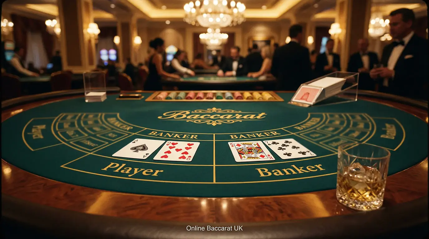 Elegant baccarat table with Player and Banker hands dealt face up on green felt