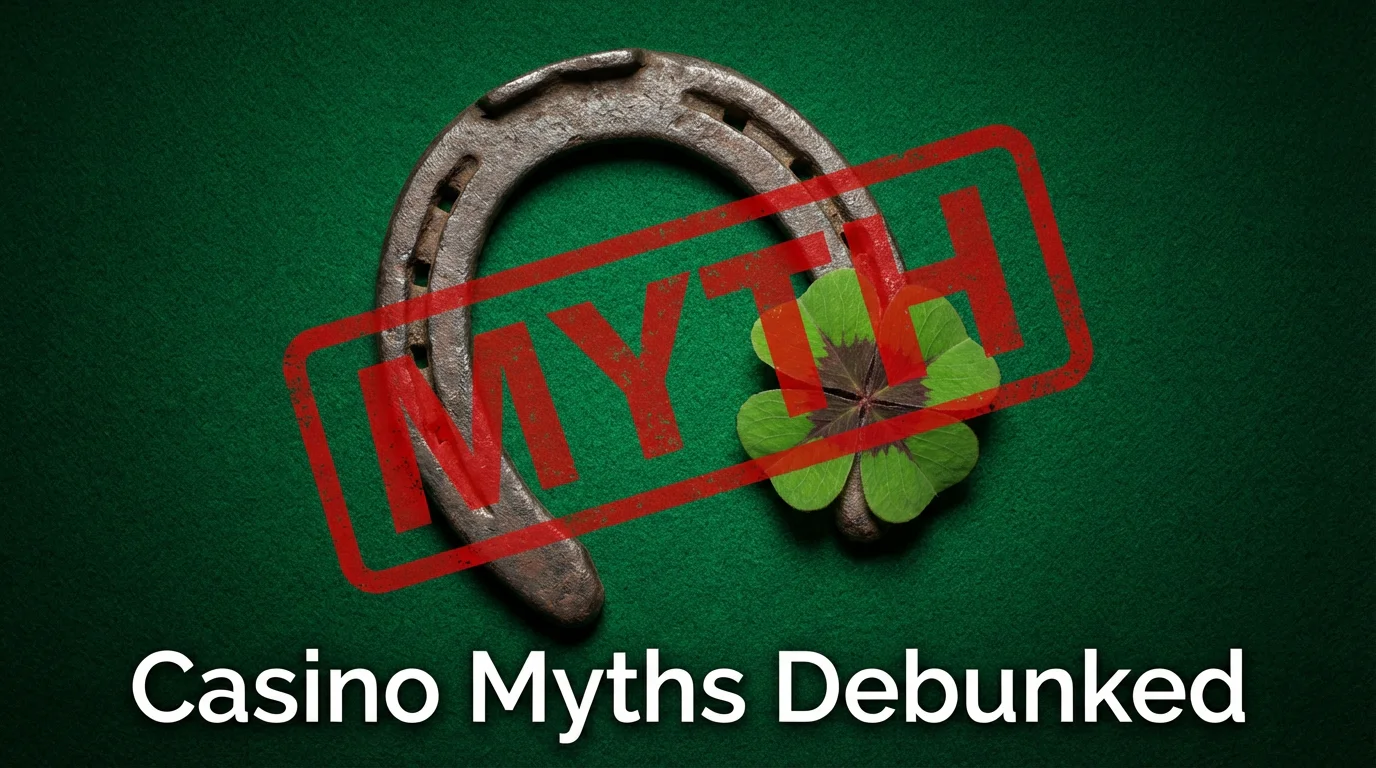 A horseshoe and four-leaf clover with a red myth-busted stamp across them on a casino felt surface