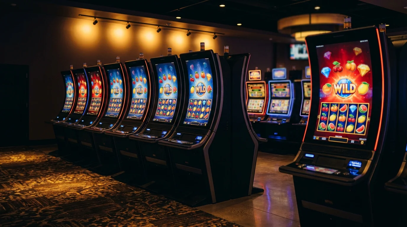 Row of colourful slot machine screens glowing in a dimly lit casino floor