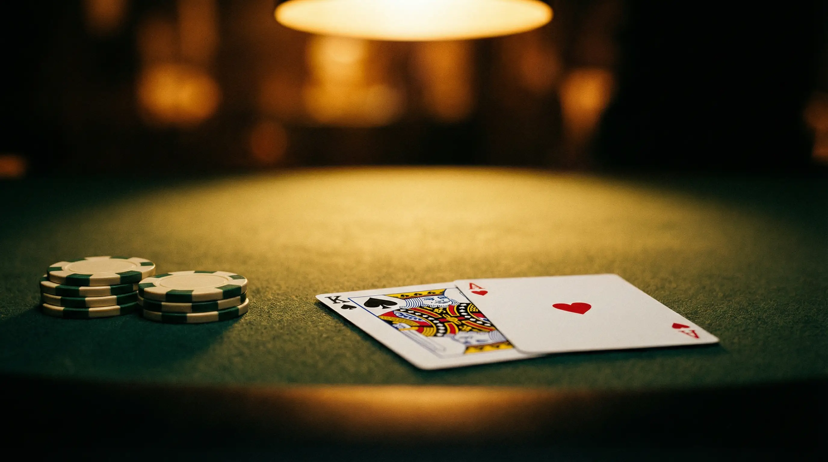 Close-up of a green casino felt table with cards and chips under warm overhead lighting