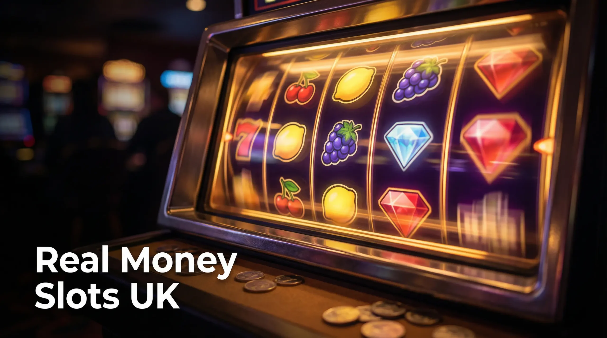 Real money slots UK — colourful slot reels glowing on a player's screen