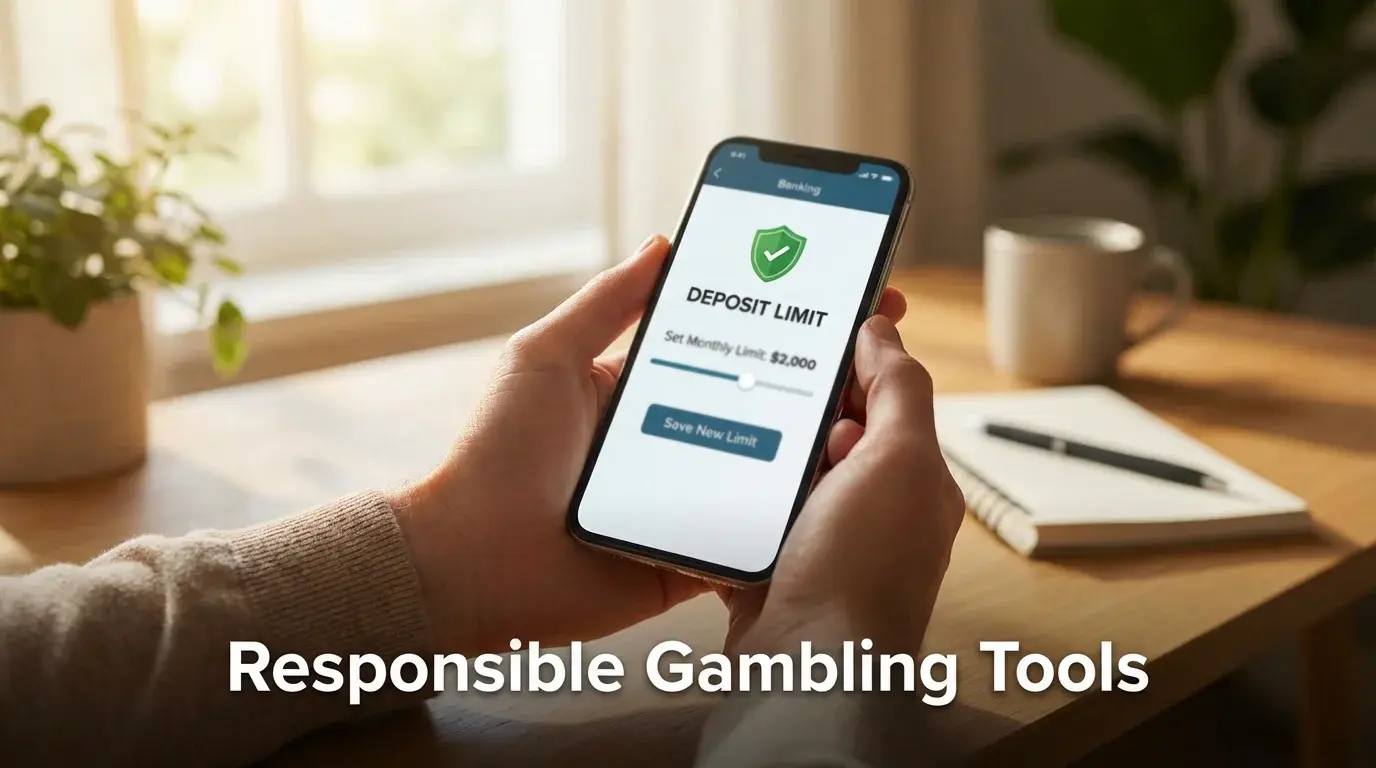 Person setting a deposit limit on a mobile phone screen with a protective shield icon visible