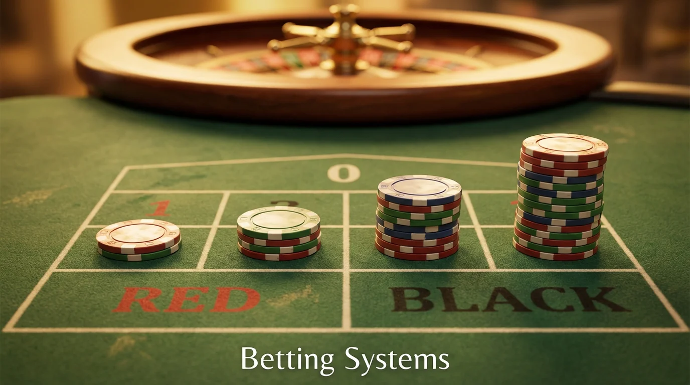 Roulette table with neatly arranged chip stacks in a doubling sequence illustrating a progressive betting system