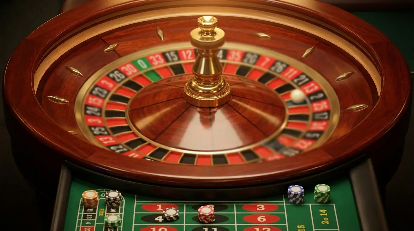 Overhead view of a roulette wheel mid-spin with the ball in motion on green felt