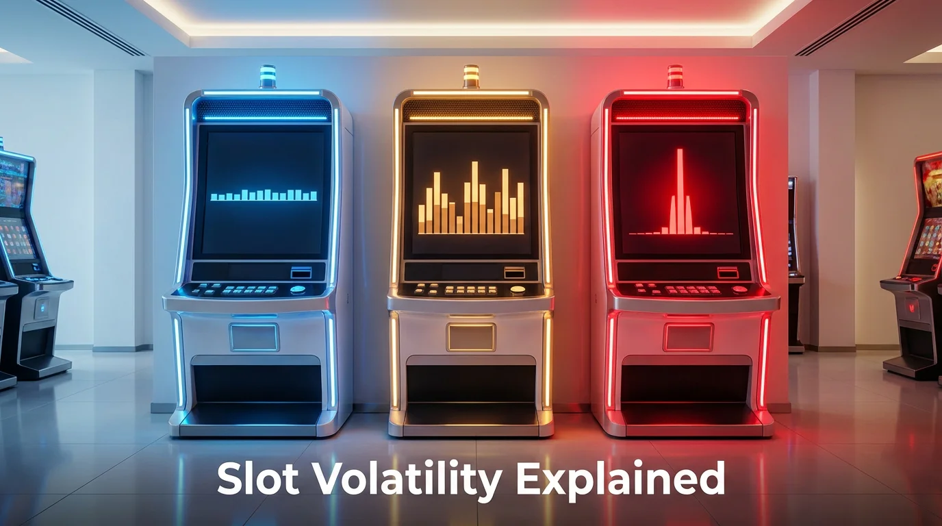 Three slot machines side by side showing low medium and high volatility with different payout patterns