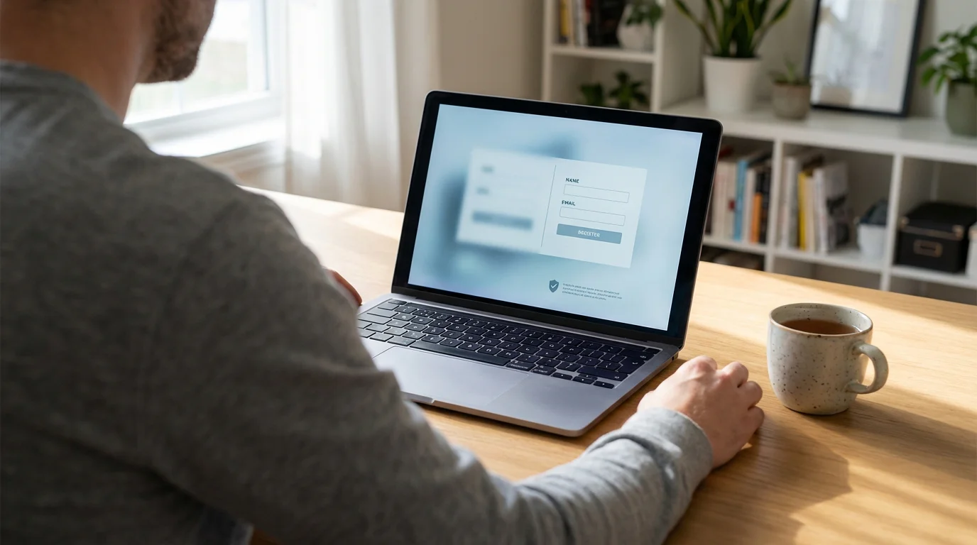 Laptop screen showing an online casino registration page with a UKGC licence badge visible in the footer