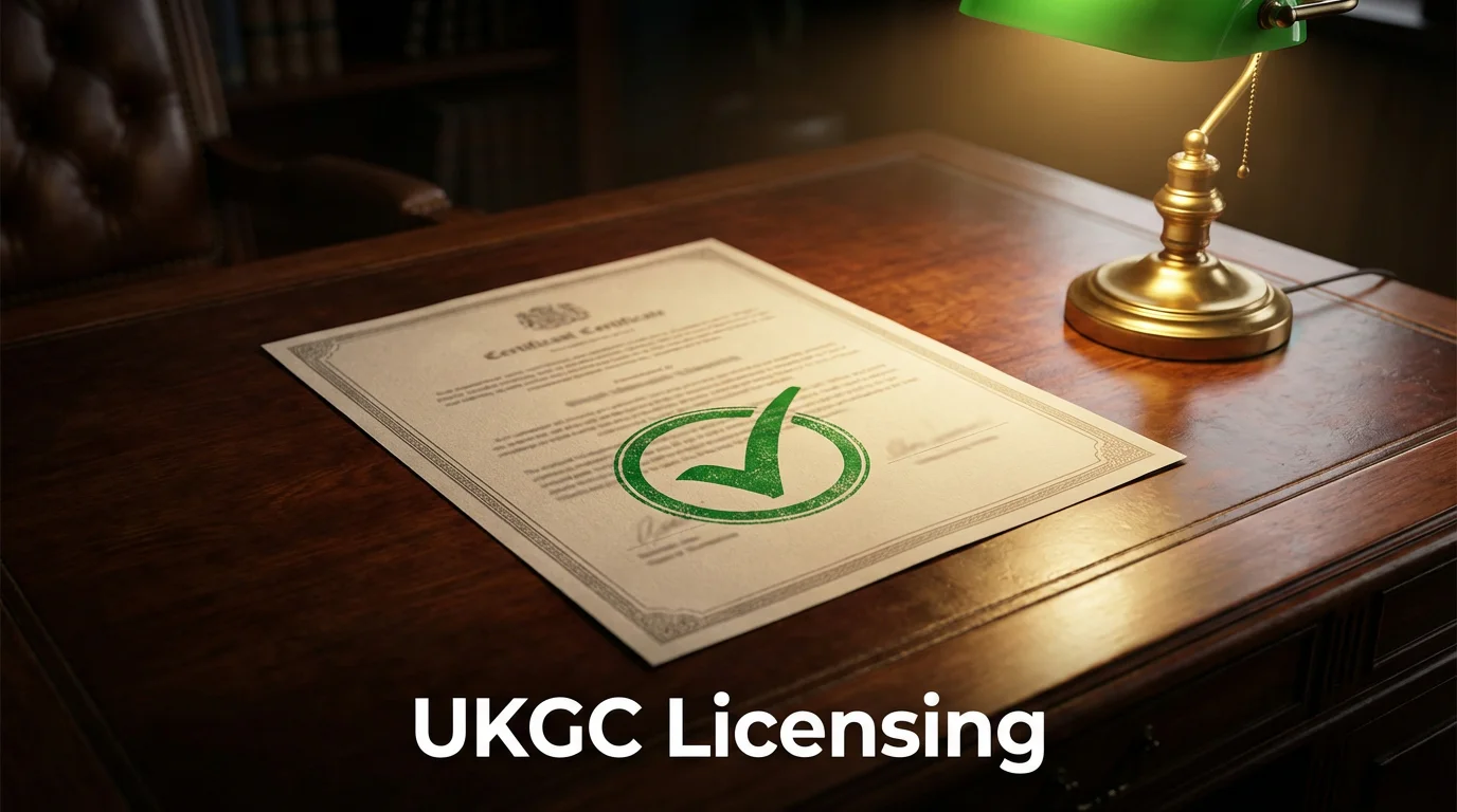 Official UKGC licence certificate with a verification checkmark on a formal desk setting