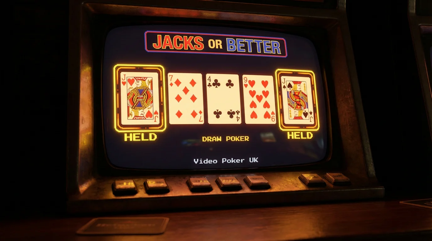 Video poker machine screen showing a held pair of jacks with three cards ready to be redrawn